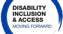 logo includes Disability Inclusion & Access: Moving Forward inside a blue brushstroke circle