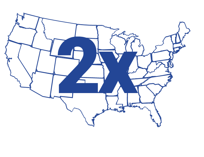 Graphic of a large 2x superimposed over a map of the United States