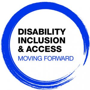 Logo with circular paint brushstroke in blue with Disability Inclusion & Access: Moving Forward in the center of the circle