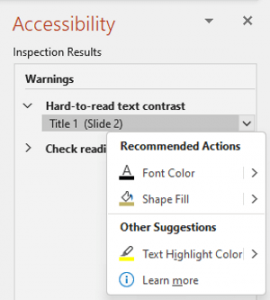 screenshot of Mocrosoft's Accessibility checker, showing identification of poor contrast and recommended action to correct