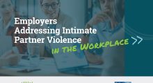 report cover for Employers Addressing Intimate Partner Violence in the Workplace, w sponsor logos from STANDING FIRM, FISA Foundation, Southwest PA Says NO MORE and United Way. includes image of coworkers at a conference table