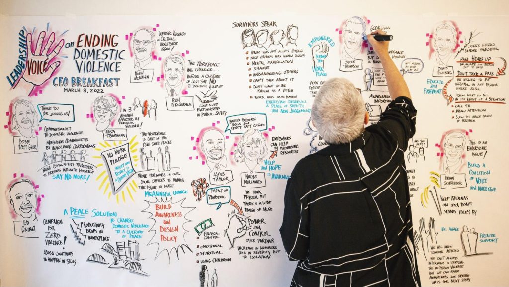 Person with gray hair writing on white board which is covered in images and writing about ending domestic violence